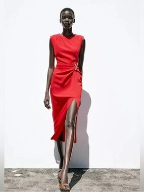 Zara Red Sleeveless Midi Dress with Side Drape and Slit XS